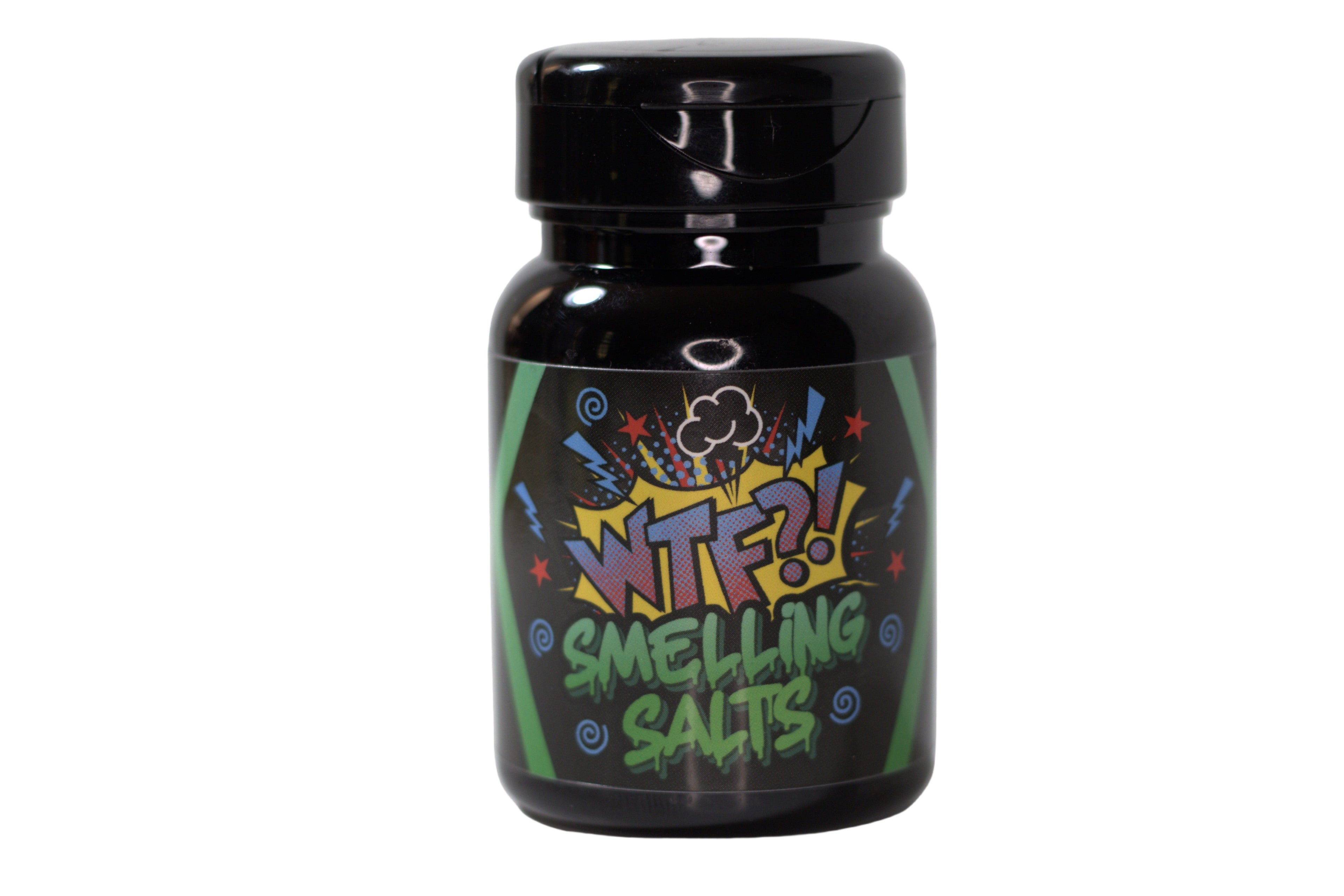 Black bottle of 'WTF! Smelling Salts' with colorful text on a white background